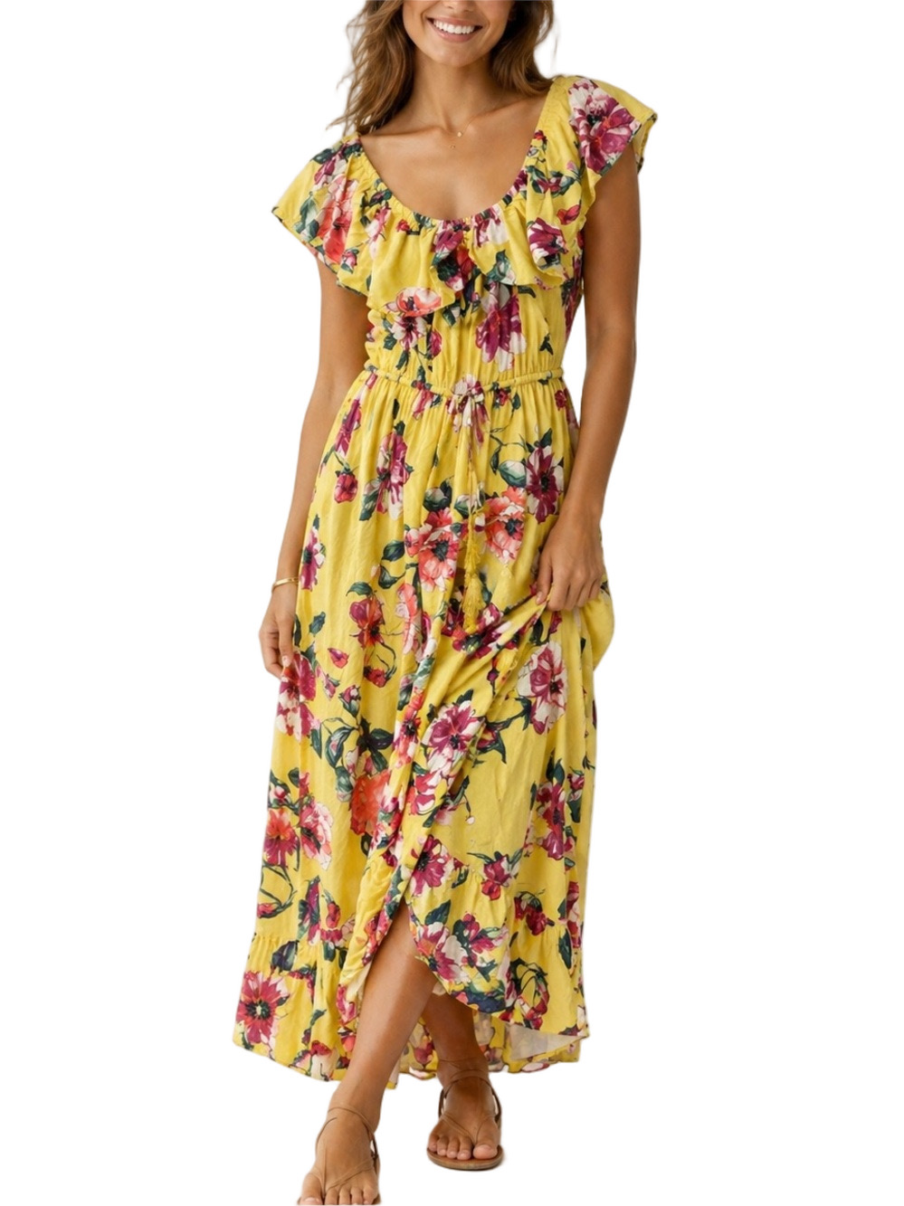 Band of Gypsies Yellow Floral Maxi Dress Off Shoulder Medium